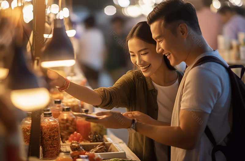 快乐的年轻情侣逛街头集,高清,摄影图,摄影图片,图片大全,摄影图免费下载